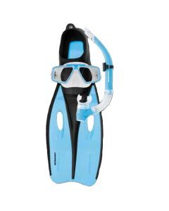 Mirage Challenger Mask Snorkel and Fin Set with Tempered Glass Lens Sky Blue