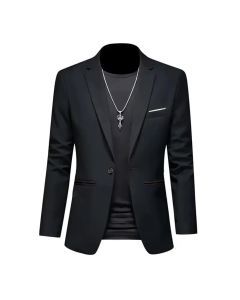 Mens Slim Fit Casual Suit Jacket Single Button (Black)