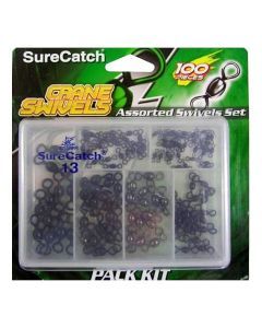 100 x Surecatch Assorted Black Crane Swivels in Fishing Tackle Box