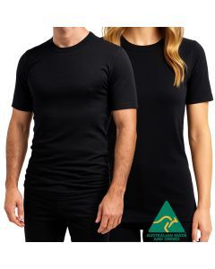 MERINO SKINS Crew Neck Short Sleeve Thermal T-Shirt - Black  (100% Wool Base Layer - Australian Made)