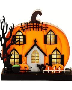 Wooden Lighted Pumpkin House Halloween Tabletop Decoration