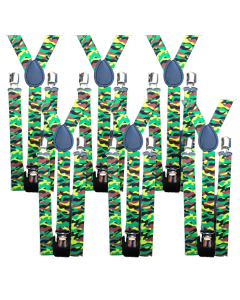 6x Army Camouflage Slim Suspenders Bulk Pack - Strong Adjustable Clip On Braces for Weddings/Formals