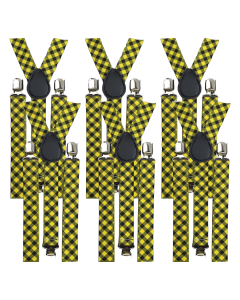 6x Black/Yellow Check Slim Suspenders Bulk Pack - Strong Adjustable Clip On Braces for Weddings/Formals