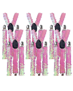 6x Light Pink Sequin Slim Suspenders Bulk Pack - Strong Adjustable Clip On Braces for Weddings/Formals