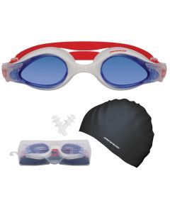 Mirage Adult Swim Pack with Goggles, Cap, Earplugs and Hard Case (Red)