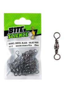 25 Pack of Size 2 Bite Science Black Barrel Fishing Swivels - 93lb