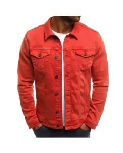Mens Denim Streetwear Jacket Cotton Casual Slim Fit (Red)
