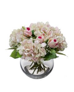 28cm Hydrangea Arrangement in Fish Bowl Artificial Flower Plant Decor