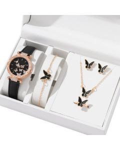 Butterfly Jewelry Set Watch Necklace Earrings Bracelet (Black)
