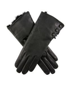 Dents Sophie Womens Leather Gloves - Black (Rabbit Fur Cuffs Wool Lined Ladies)