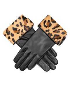 Dents Women’s Lined Leather Gloves with Ponyskin Leopard Print Cuffs - Black
