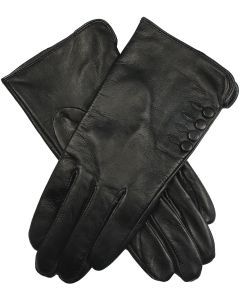 Dents Womens Leather Gloves With Button Detail Piped Cuff And Silk Feel Lining - Black
