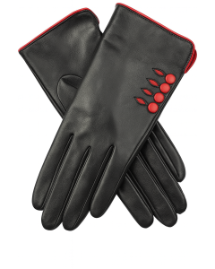 Dents Womens Leather Gloves w/ Button Detail Piped Cuff & Silk Feel Lining - Black/Berry