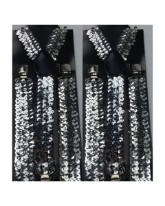 2x Silver Sequin Slim Suspenders - Strong Adjustable Clip On Braces for Weddings/Formals