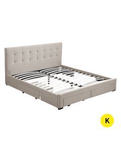 Levede Fabric Bed Frame King 4 Storage Drawers Mattress Base Platform Beige