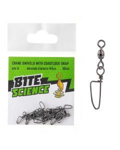 10 Pack of Size 6 Bite Science Black Crane Swivels with Coastlock Snaps - 44lb