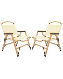 2x Bamboo Canvas Foldable Outdoor Camping Chair Wooden Picnic Park - Khaki/Beige