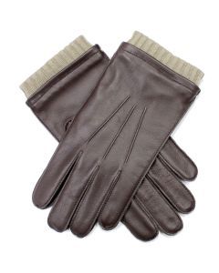 Dents Mens Leather Gloves With 3 Point Stitch and Rib Contrast Cuff - Brown