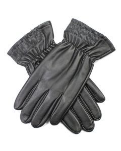 Dents Mens Leather Gloves With Gathered Wrist and Herringbone Cuff - Black