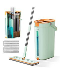 Premium Microfiber Flat Mop Bucket Set w/ Clean & Dirty Water Separation 360 Degree - Light Green