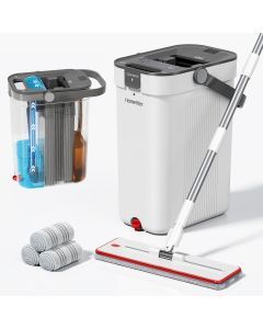 Premium Microfiber Flat Mop Bucket Set w/ Clean & Dirty Water Separation 360 Degree - White