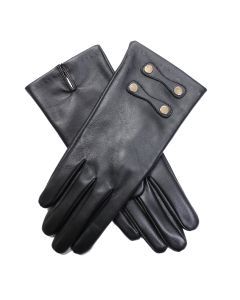 Dents Womens Leather Gloves with Gold Buttons - Black
