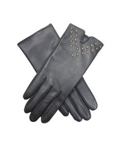 Dents Womens Leather Gloves with Gold Stud Trim - Black