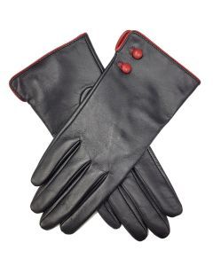 Dents Leather Gloves with Buttons & Piping in Black/Red