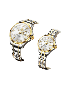 Quartz Couple Watch Stainless Steel Waterproof Pair (Gold White )