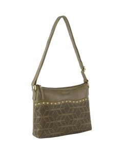 Pierre Cardin Womens Leather Perforated Crossbody Travel Bag - Olive (Stud Detail)