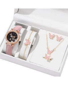 Butterfly Jewelry Set Watch Necklace Earrings Bracelet (Pink)