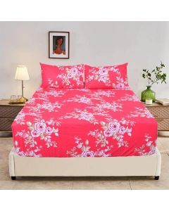 King Luxury 100% Cotton Fitted Bed Sheet & 2 Pillow Case Combo Set - Red Floral