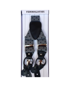Mens Polka Grey/Black Premium Convertible Suspenders - Adjustable Clip On Elastic Y-Back Braces