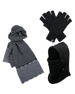 3pc Mens Black Winter Set - Fleece Balaclava, Knit Scarf & Thinsulate Gloves