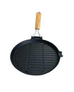 Pre-Seasoned 24cm Shallow Cast Iron Frying Pan Griddle with Wooden Handle