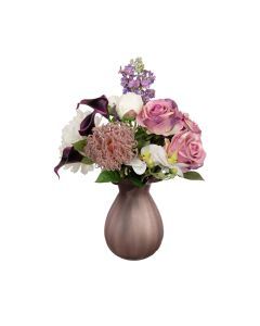 32cm Rose Peony & Wisteria Arrangement in Glass Artificial Flower Plant - Purple