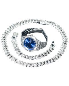 3pcs Mens Silver Watch Cuban Chain Bracelet Set (Blue)