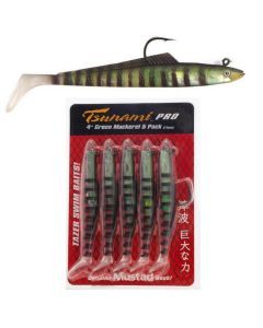 5 Pack of 4 Inch Rigged Tsunami Tazer Swim Bait Soft Plastics - Green Mackerel