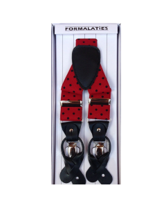 Mens Polka Red/Black Premium Convertible Suspenders - Adjustable Clip On Elastic Y-Back Braces