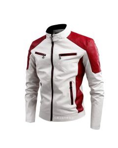 Men Slim Fit PU Moto Leather Jacket (White)