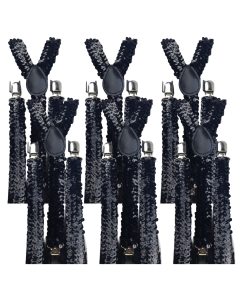 6x Black Sequin Slim Suspenders Bulk Pack - Strong Adjustable Clip On Braces for Weddings/Formals
