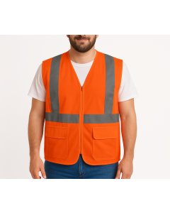 Fluro Orange Hi Vis Zip Thru Safety Vest - Reflective Tape Day/Night Workwear (One Size)
