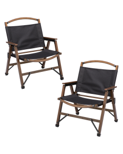 2x Bamboo Canvas Folding Camping Chairs - Black (Outdoor Wooden Travel Furniture)