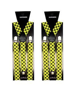 2x Black/Yellow Check Slim Suspenders - Strong Adjustable Clip On Braces for Weddings/Formals