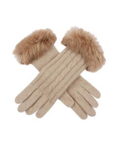 Dents Womens Cable Knit Gloves with Fur Cuffs - Oatmeal