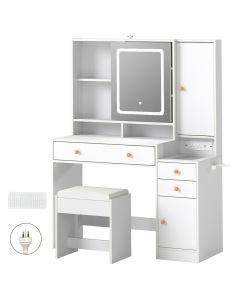 Levede Dressing Table Stool Set with Mirror Led Makeup Vanity Desk Drawers White