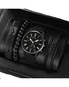 4pcs Men's Quartz Watch Set with Bracelets (Pure Black)
