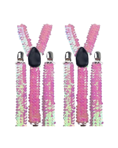2x Light Pink Sequin Slim Suspenders - Strong Adjustable Clip On Braces for Weddings/Formals