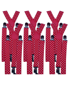 6x Red/White Polka Dot Slim Suspenders Bulk Pack - Strong Adjustable Clip On Braces for Weddings/Formals