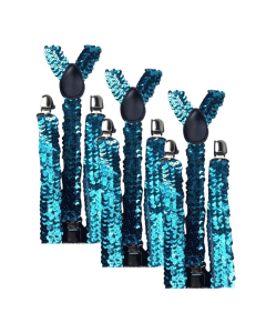 3x Blue Sequin Slim Suspenders Bulk Pack - Strong Adjustable Clip On Braces for Weddings/Formals